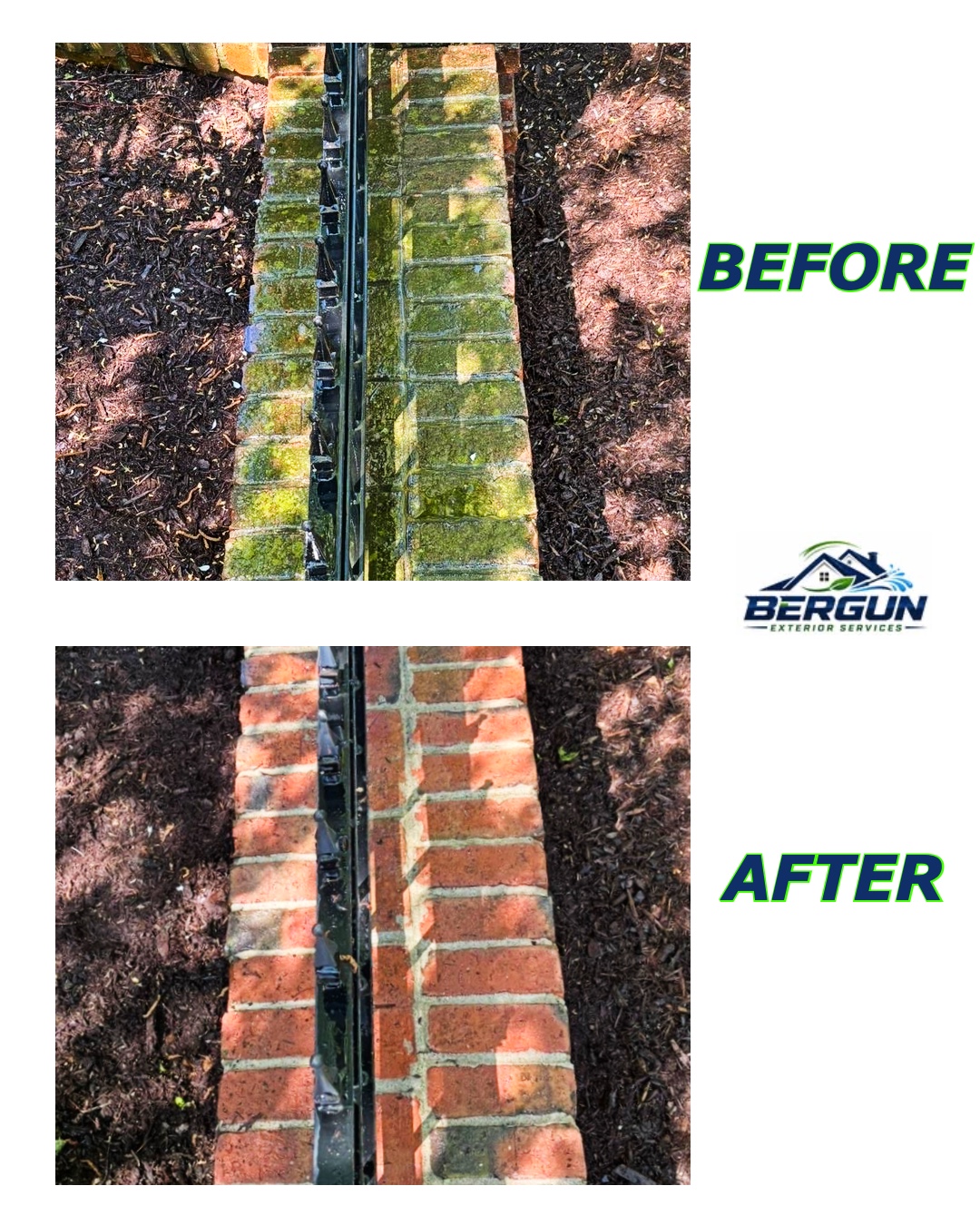 Before and after brick cleaning project completed by BERGUN Exterior Services