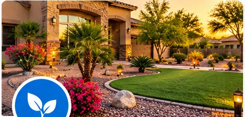 Arizona-style desert landscaping with palms, stone and drought-tolerant plants