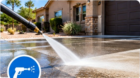 Pressure washing gun cleaning a driveway