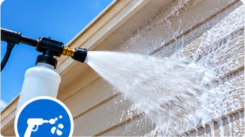 Soft washing applicator spraying a soapy exterior surface