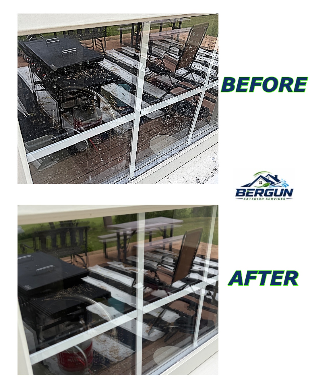 Before and after exterior window cleaning completed by BERGUN Exterior Services